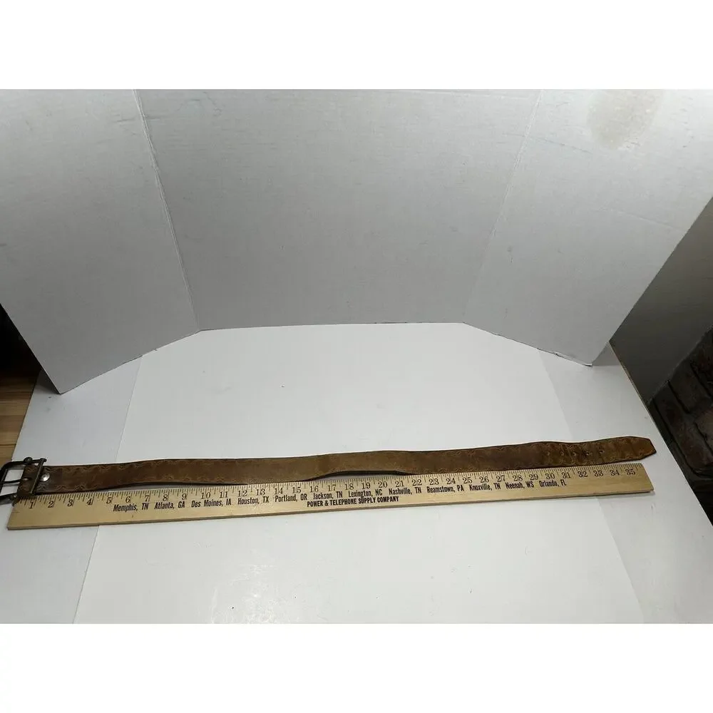 Leather Light Brown Leather Embossed Design Belt Brass Buckle Sz 38 See Pictures
